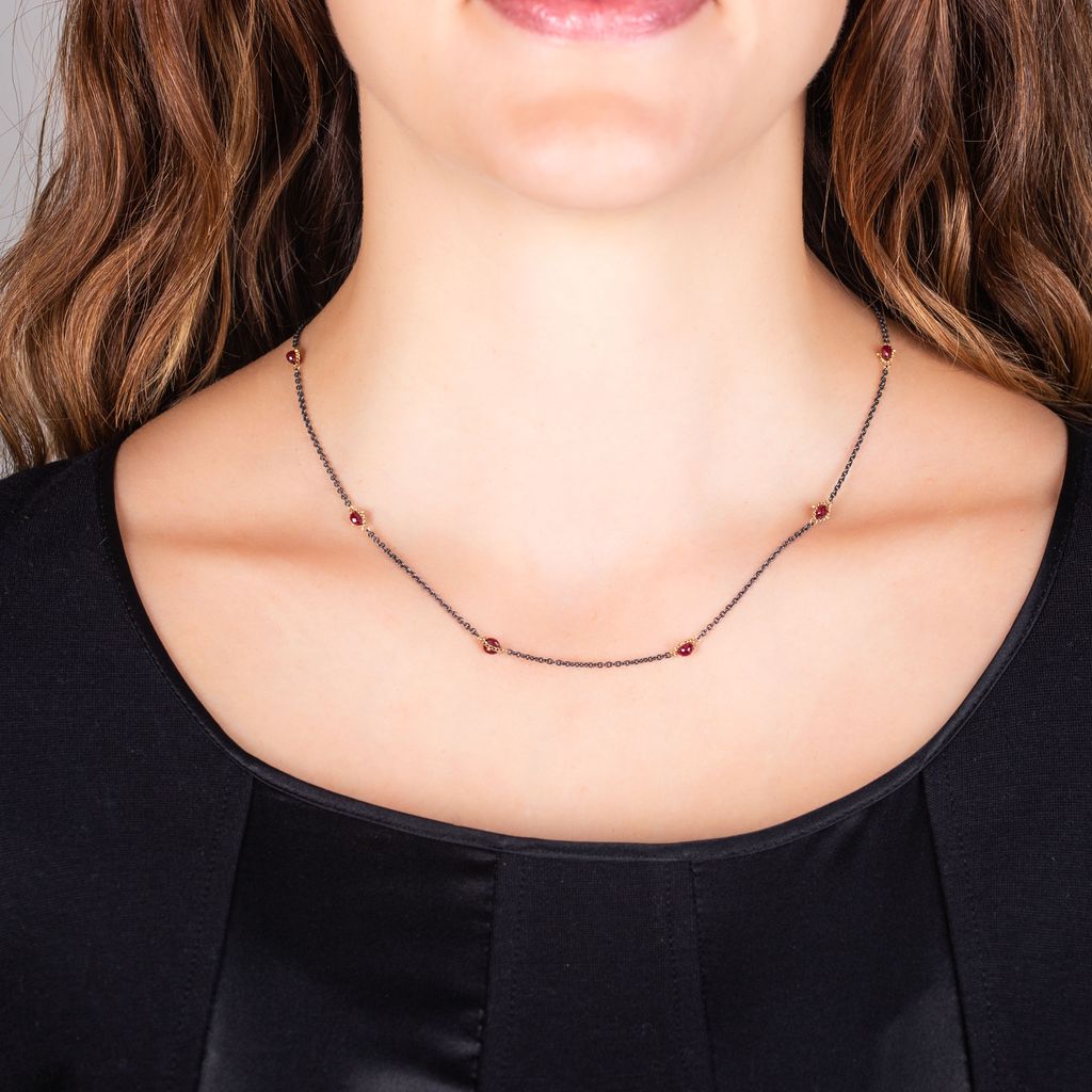 RubyTextlie Station Necklace in Oxidized Silver and 18K Gold