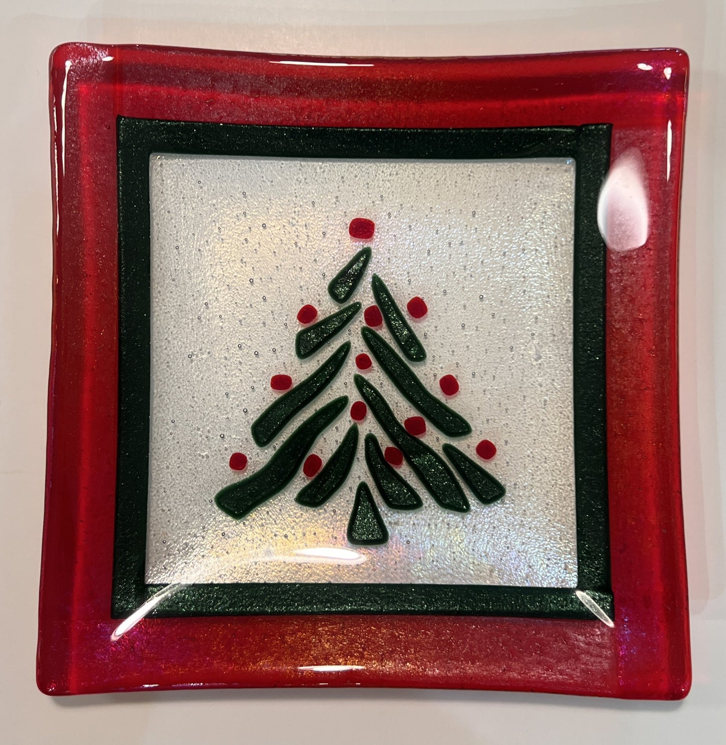 Fused Glass Square Tray With Christmas Tree