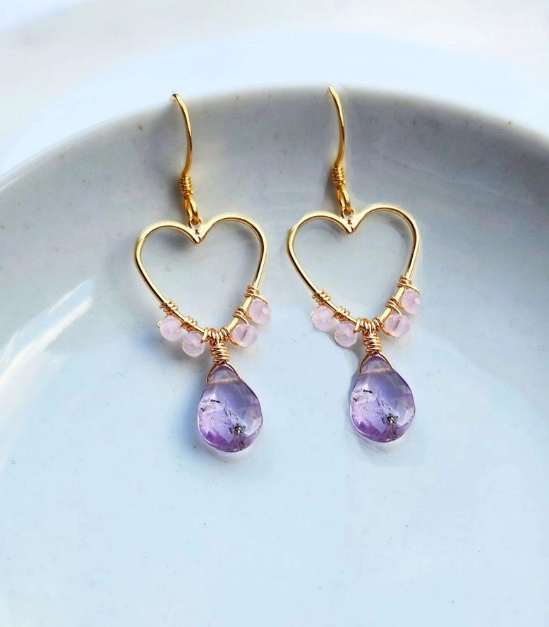 Light Amethyst and Rose Quartz Wire Wapped Heart