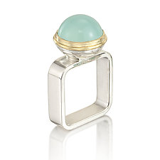 Sterling Silver & 18K Square Ring With "Aqua" Chalcedony Stone