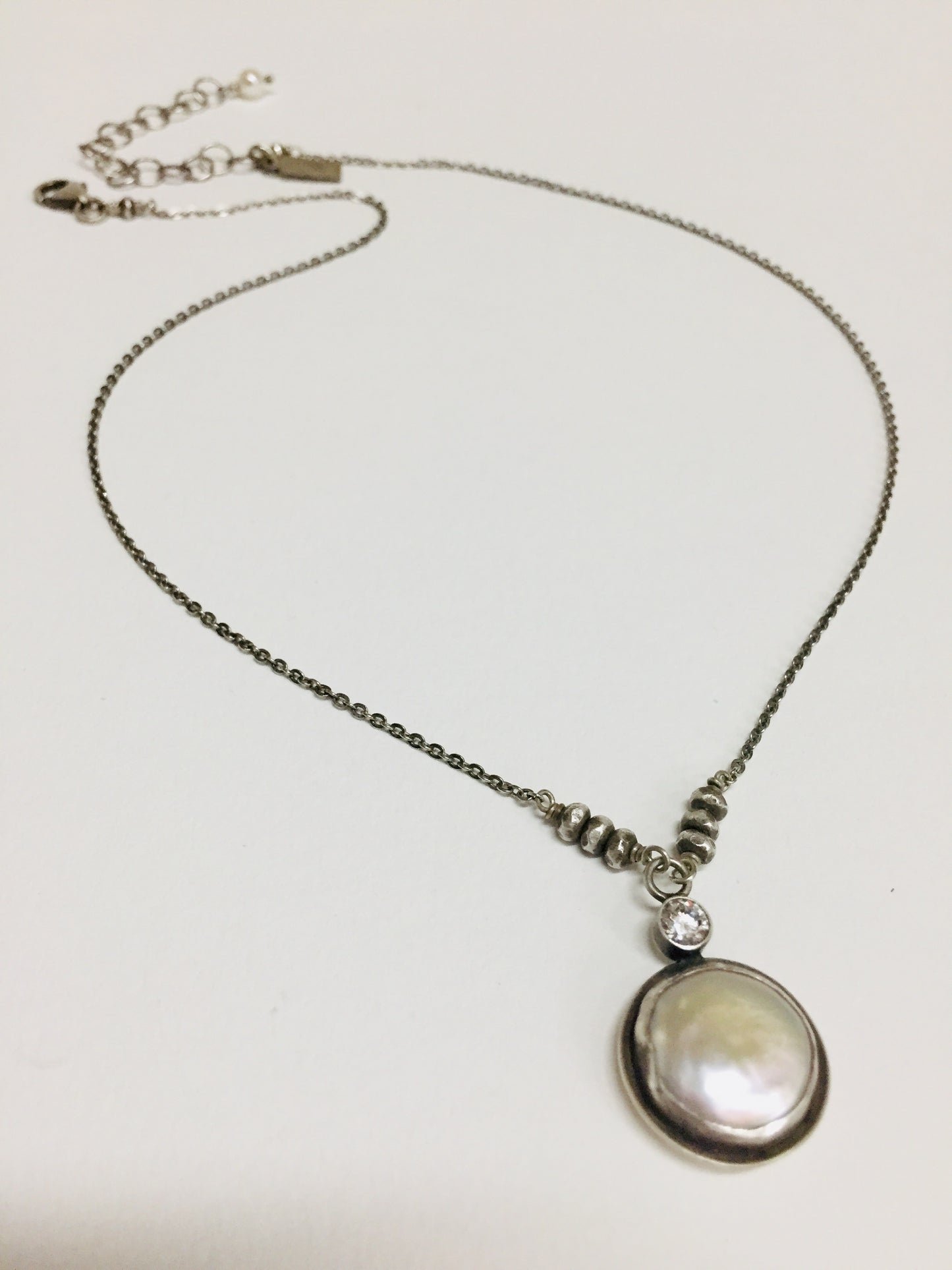 Neck, SS Coin Pearl CZ Accent