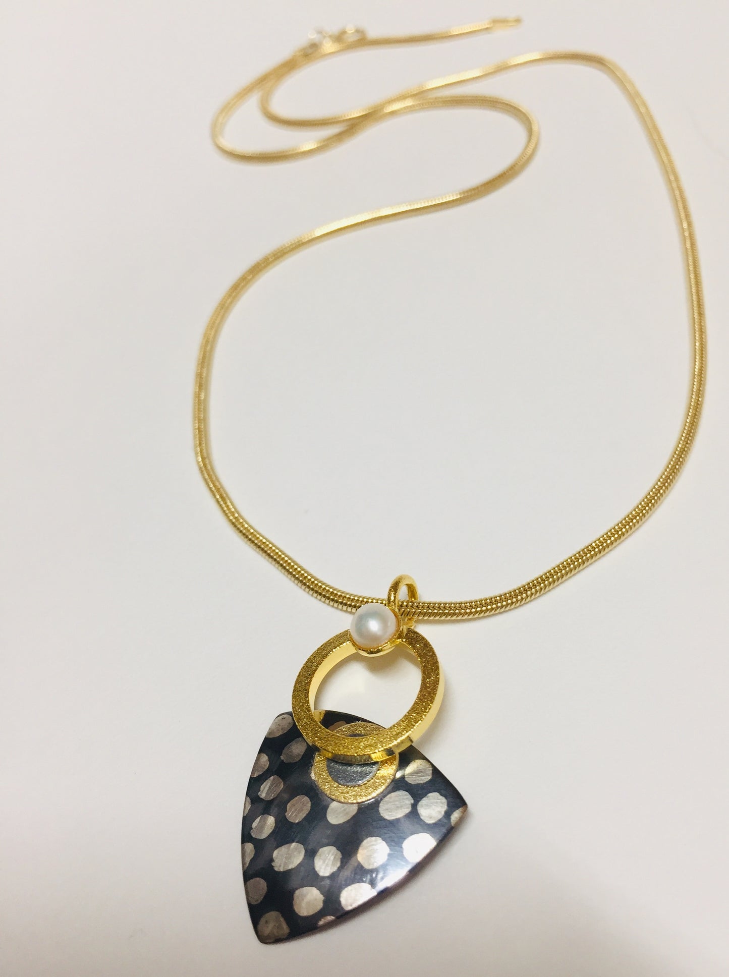 Polkadot Oxidized Sterling Silver Pendant With Pearl and Vermeil Chain