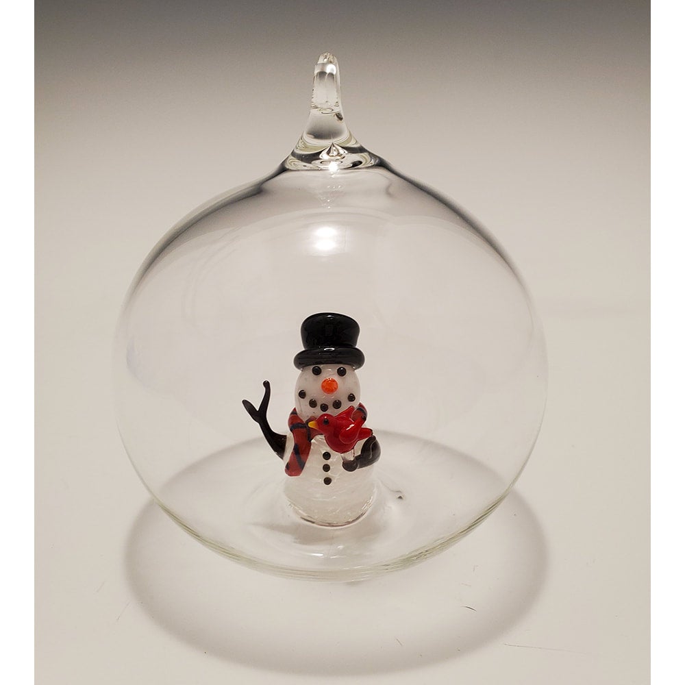Orn, Snowman w/Red Bird Person. Bubble
