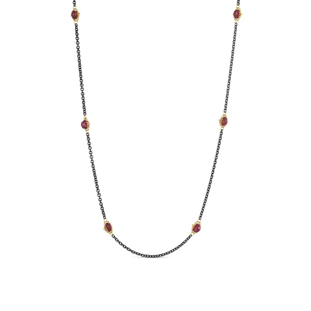 RubyTextlie Station Necklace in Oxidized Silver and 18K Gold