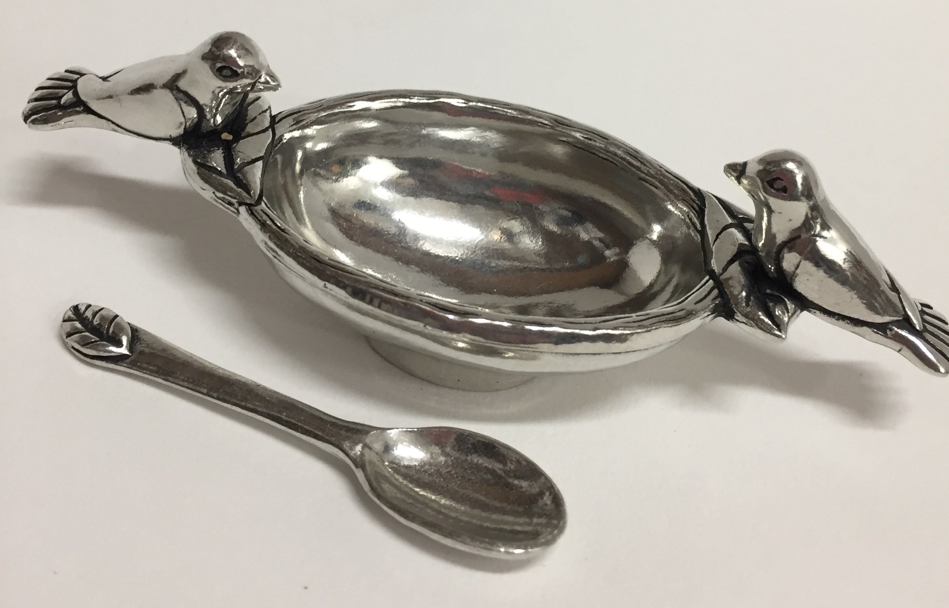 Salt Cellar, Bird Bath w/Spoon Pewter
