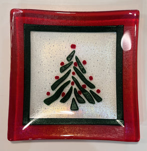 Fused Glass Square Tray With Christmas Tree