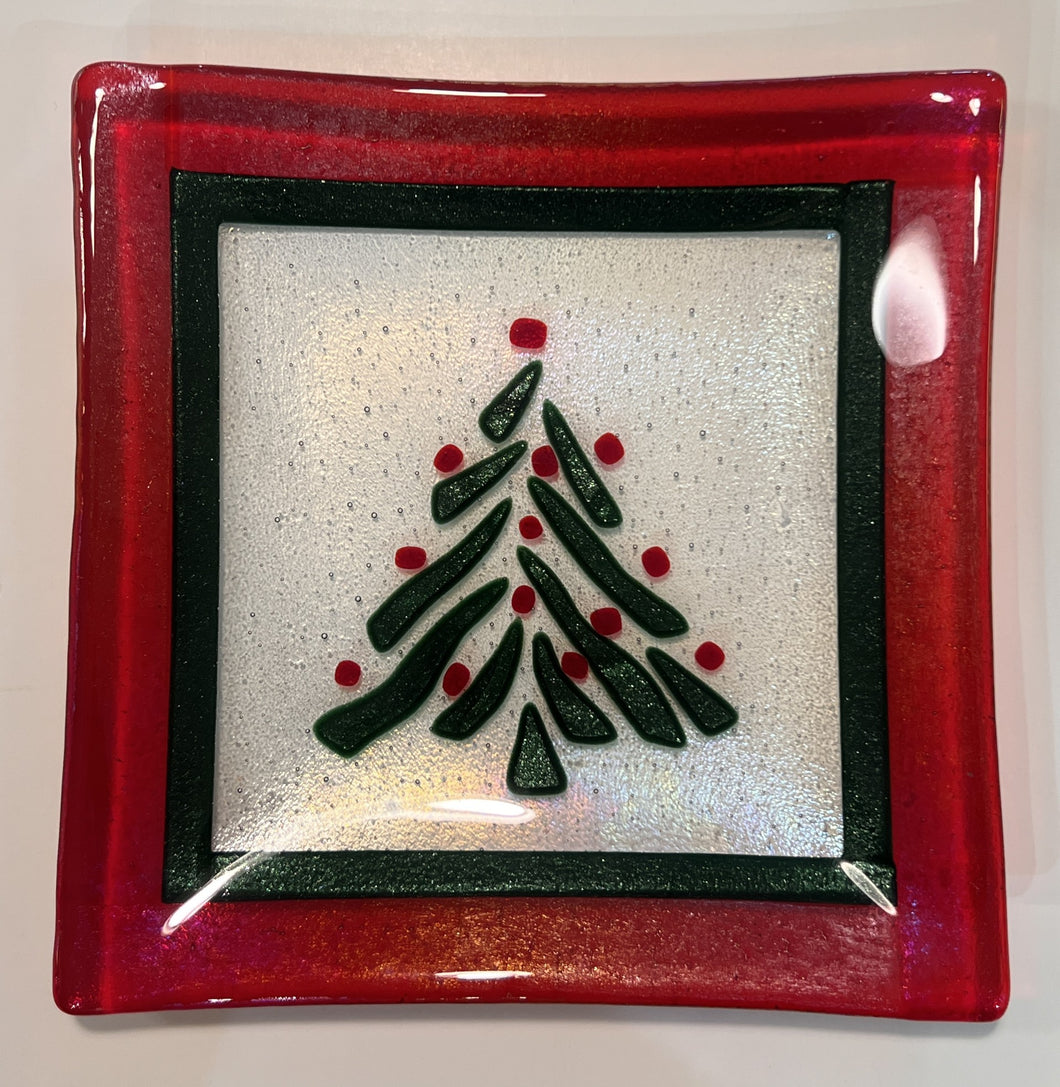 Fused Glass Square Tray With Christmas Tree