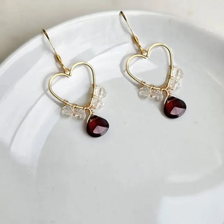 Garnet and Clear Quartz Wire Wrapped Heart