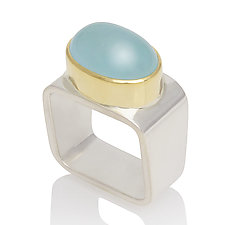 Sterling Silver Square Ring With "Aqua" Chalcedony With 18K Yellow Gold