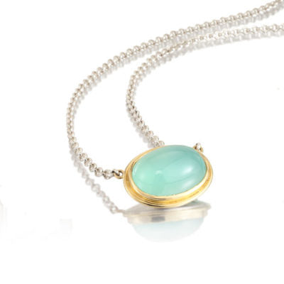 18K Yellow Gold and Sterling Silver necklace with "Aqua" Chalcedony