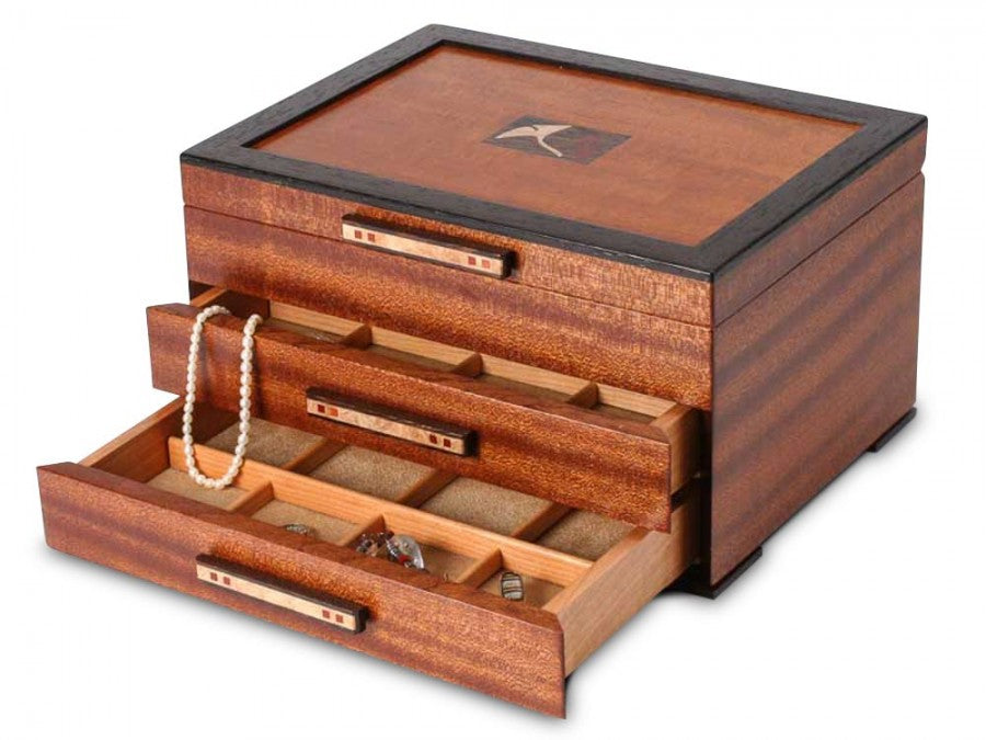 2 Drawer Jewelry Box in Sapele With Ginko Leaves Inlayed On Lid