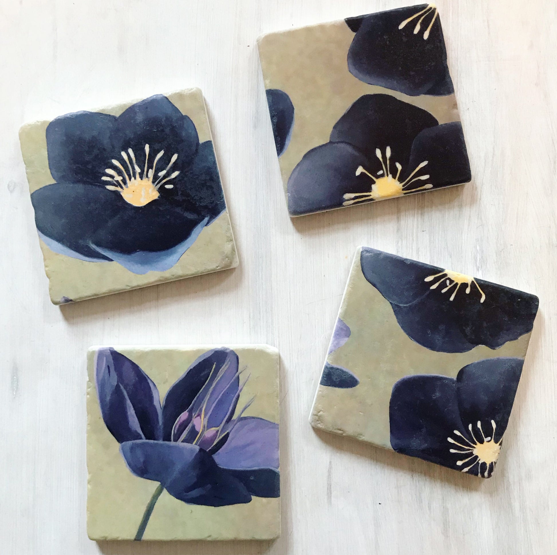 Coaster Set: Black Hellebore on Green