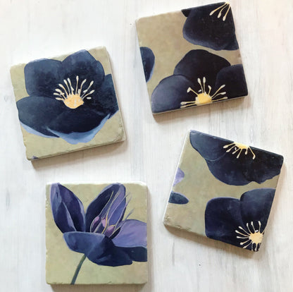 Coaster Set: Black Hellebore on Green
