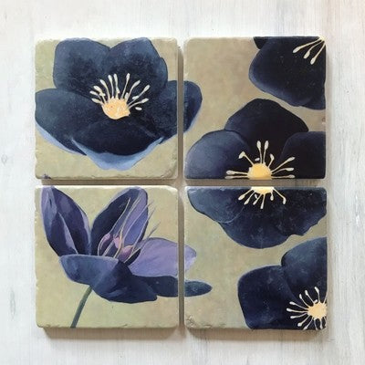 Coaster Set: Black Hellebore on Green