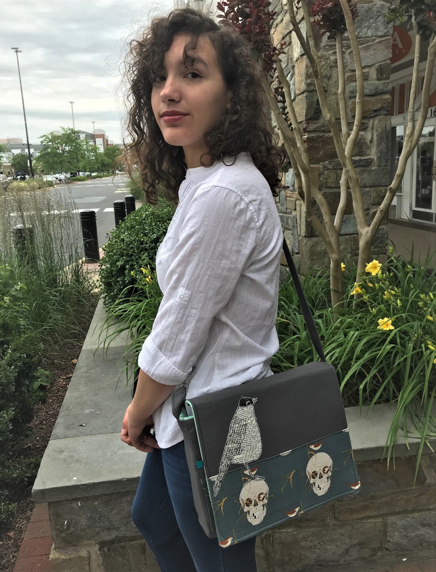 Messenger Bag With Freehand Robin Applique Atop Whimsical Skull