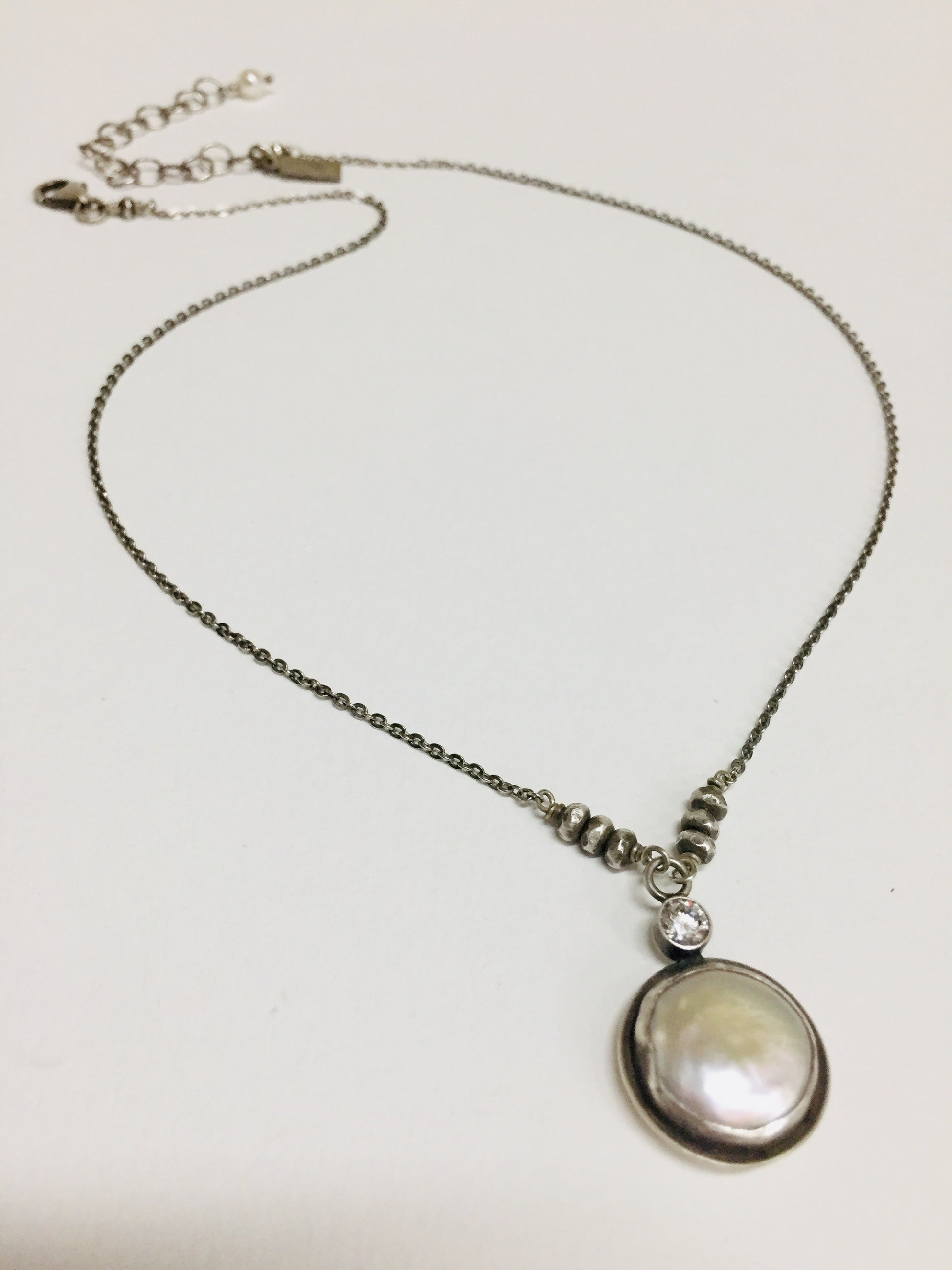 Neck, SS Coin Pearl CZ Accent