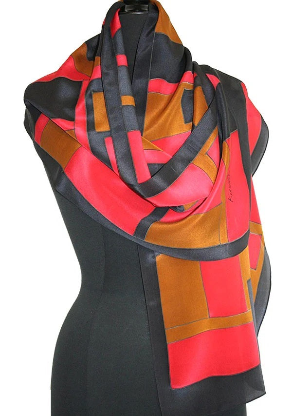 Handpainted Geometric Silk Scarf in Red