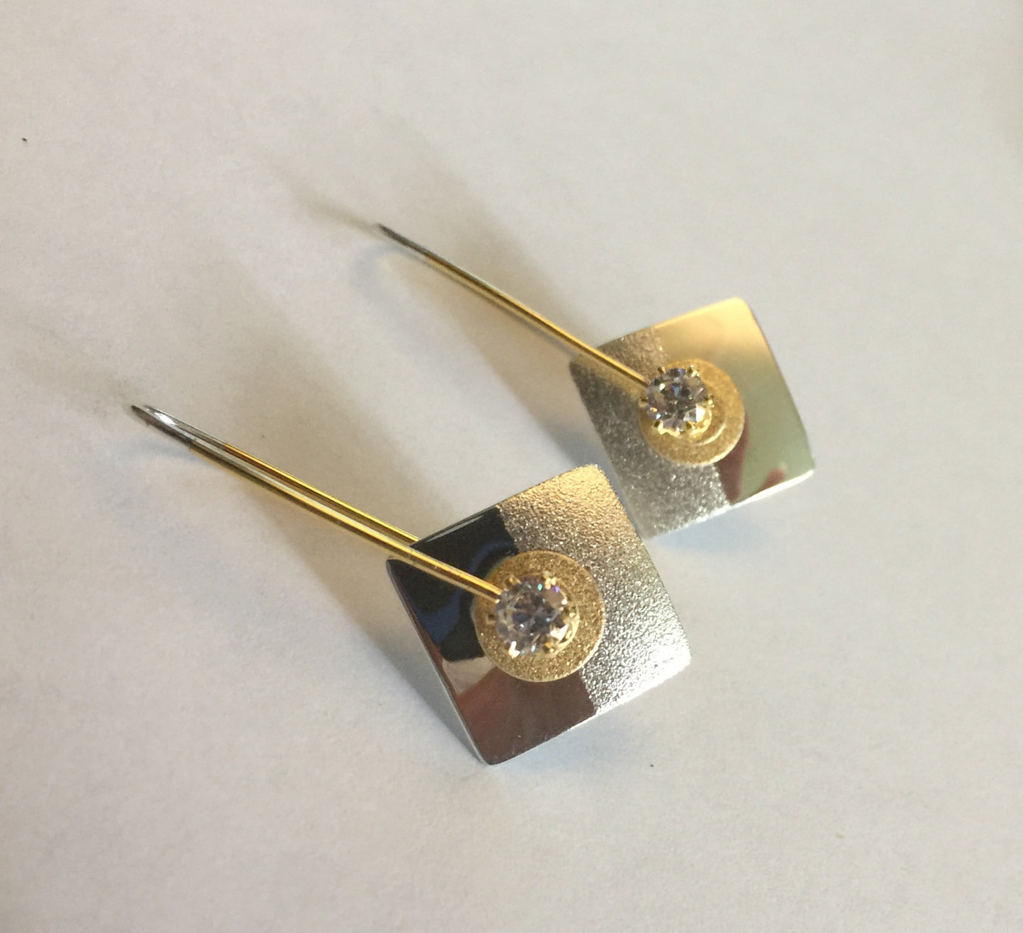 Sterling Silver Square Drop and Vermeil With CZ Earring