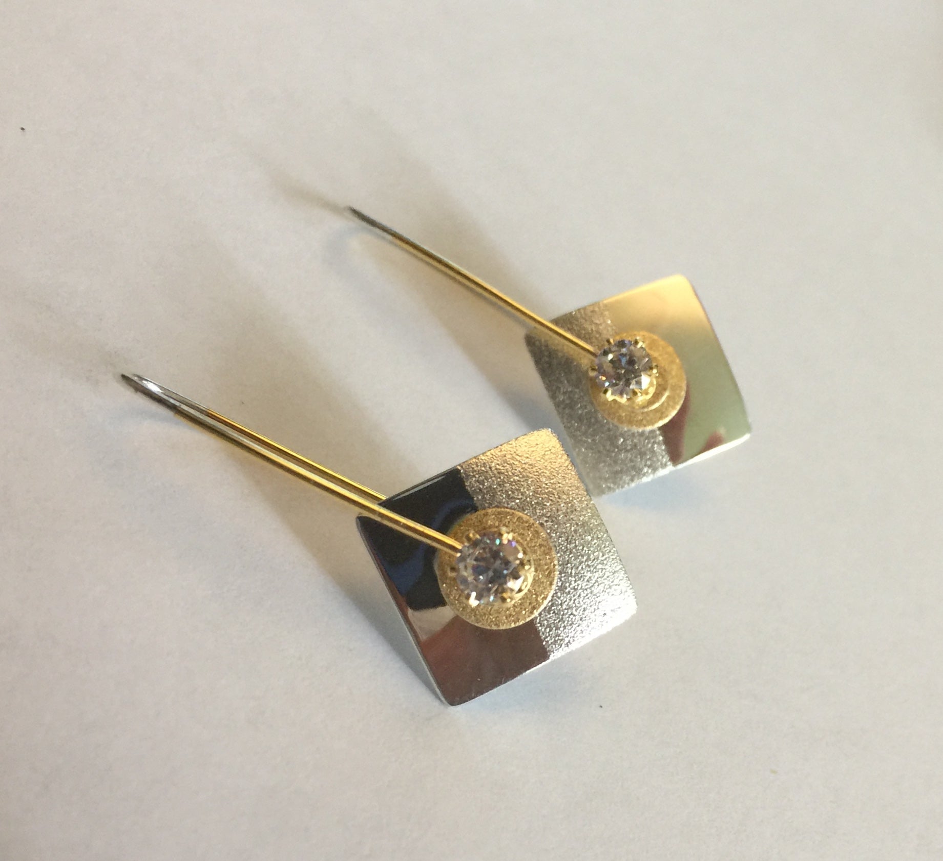 Sterling Silver Square Drop and Vermeil With CZ Earring