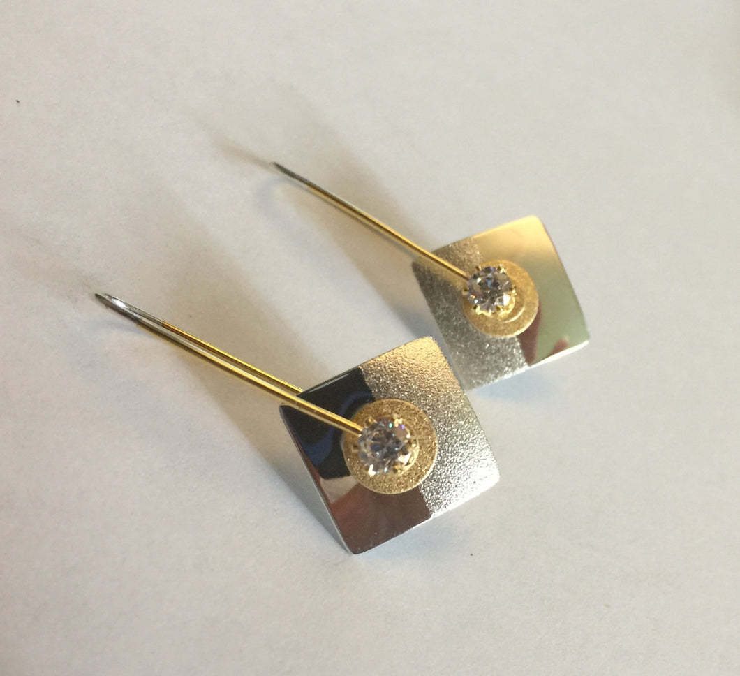 Sterling Silver Square Drop and Vermeil With CZ Earring