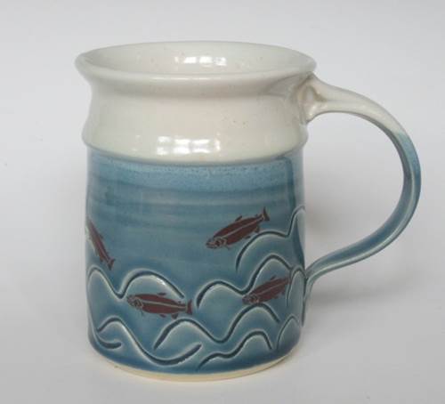 Carved Mug With Blue Wave and Fish