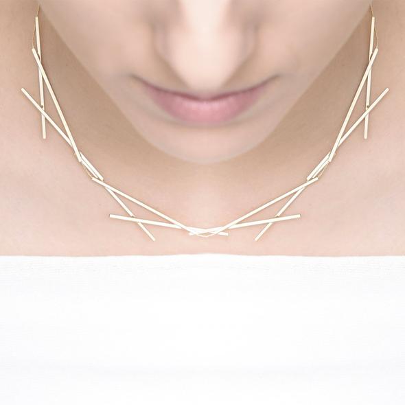 Geometric, Silvery-Satin Necklace; Brass base, Silver Plating
