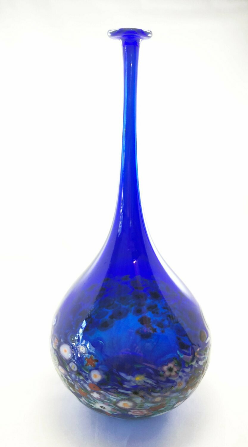 Cobalt Long Neck Vase With Floral Design