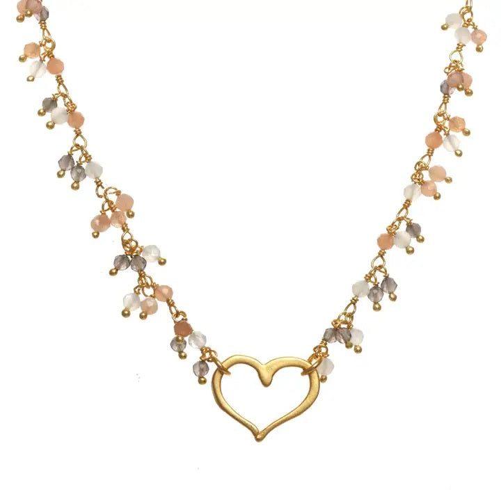 Peach Moonstone Cluster Necklace With Open Heart
