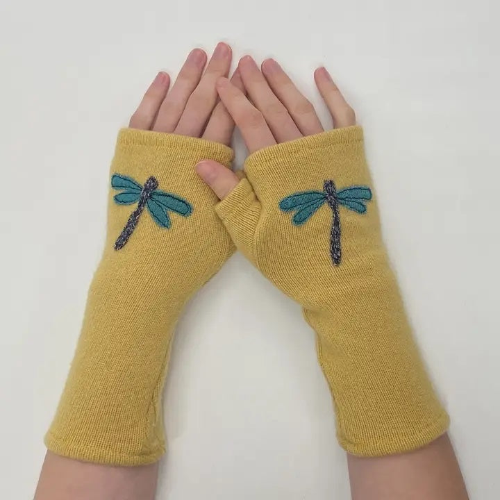 Yellow Dragonfly Fingerless Gloves