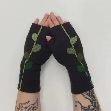 Black Fingerless Gloves with Green Leaves