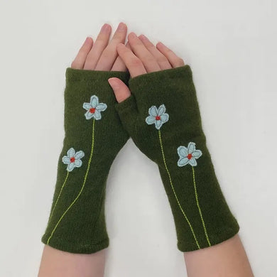 Olive Fingerless Gloves with Blue Flowers
