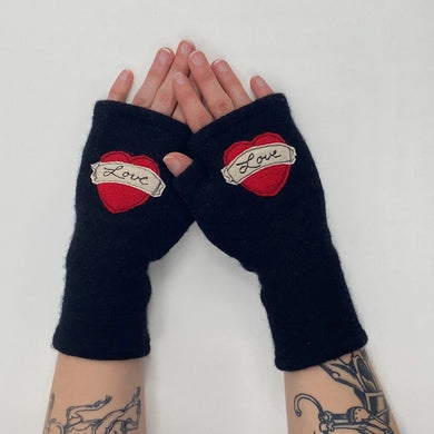 Black Fingerless Gloves With Tattoo Heart