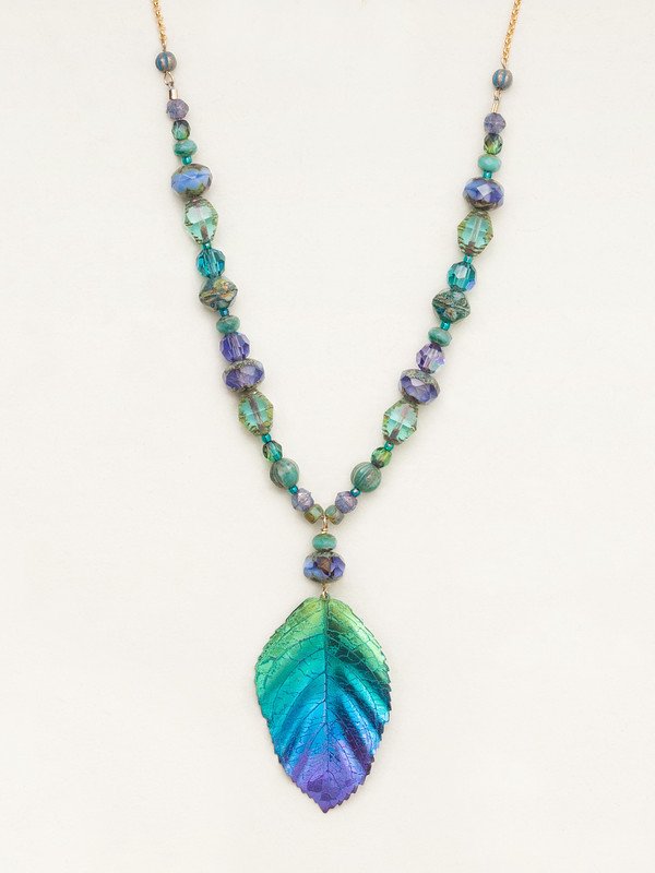 Teal and Purple Beaded Elm Leaf Necklace