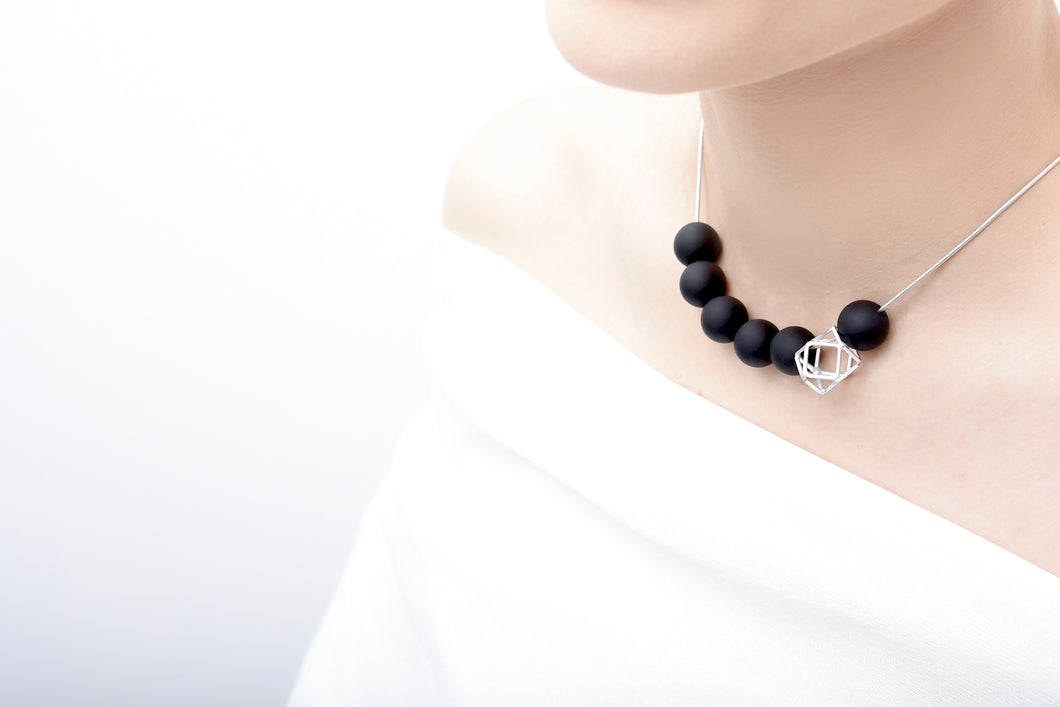 Silver Hexagon With Black Balls Necklace