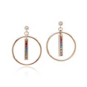 Post Earrings With Rose Gold Circle and Multicolor Crystal Pave Strip