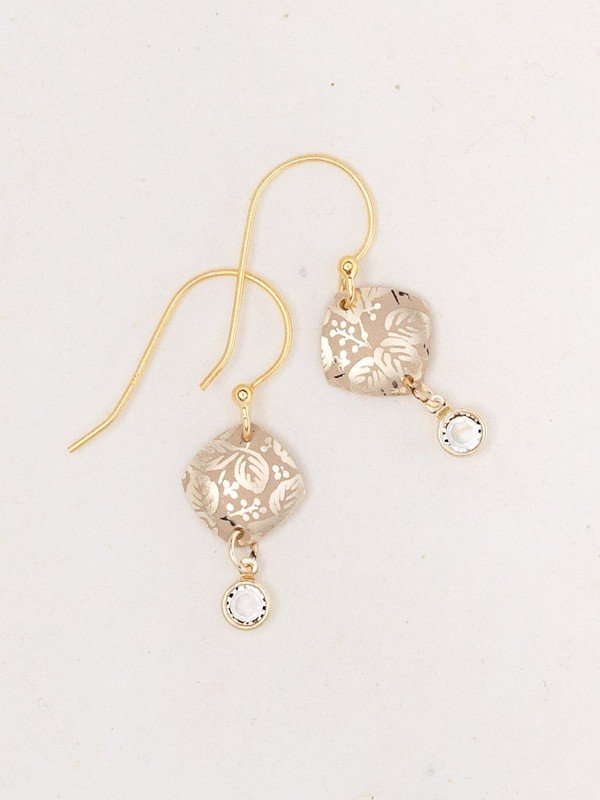 Delicate Square Gold Leaf Patterned Earrings With Crystal