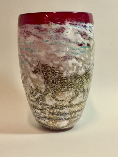 Large Red Horse Cylinder Vase