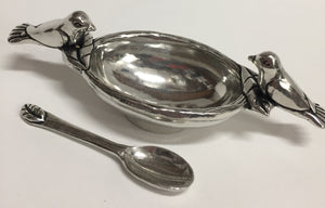 Salt Cellar, Bird Bath w/Spoon Pewter