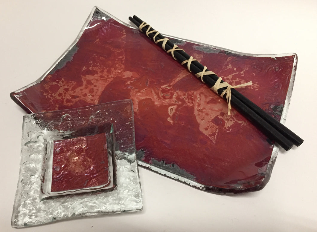 Sushi Tray & Shiyou Bowl, Copper-fused Glass. Black Laquer Chopsticks