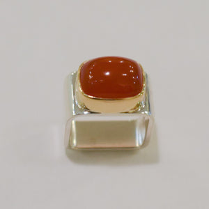 Sterling Silver Square Ring With Orabge Chalcedony and 18k Yellow Gold