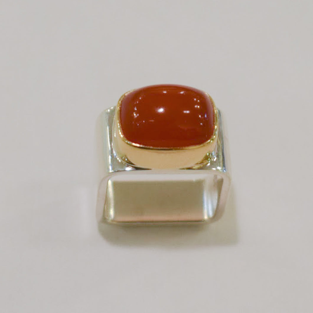 Sterling Silver Square Ring With Orabge Chalcedony and 18k Yellow Gold
