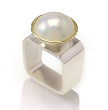 Sterling Silver Square Ring with 12mm Mabe Pearl Rimmed in 18K Gold.