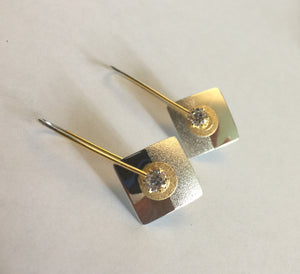 Sterling Silver Square Drop and Vermeil With CZ Earring