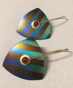 Funky Striped Niobium and Carnelian Triangle Earrings