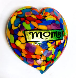 Glass Paperweight, "Mom," Heart in Splashes of Color