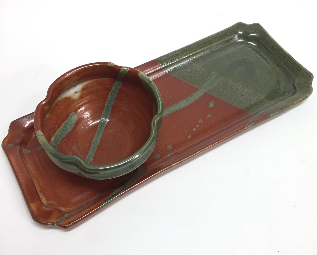 Hors d'Oeuvres Tray with Bowl, Stoneware; Rust, Green Glaze