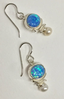Earrings Sterling Silver With Blue Opal Nad White Pearl