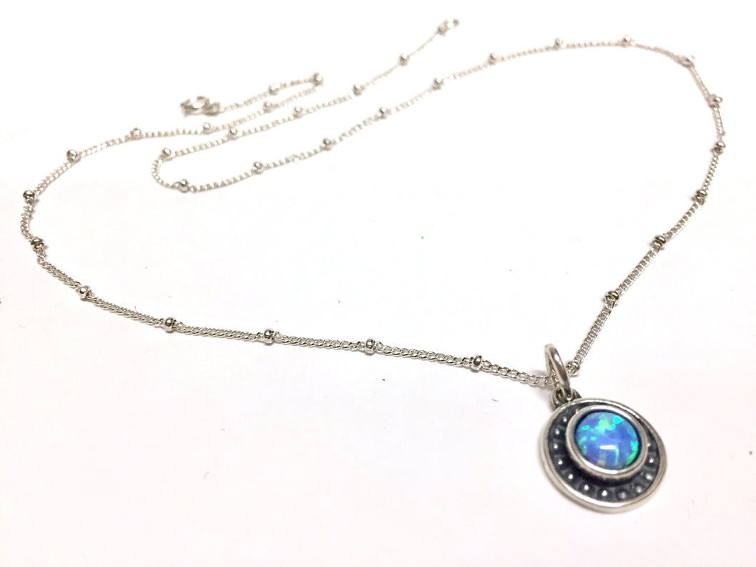 Necklace, Blue Opal Set in Sterling Medallian, on Sterling Silver Chain