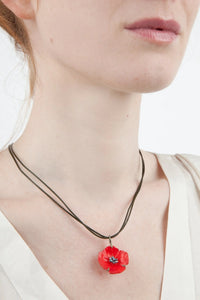 Red Poppy On Leather Necklace