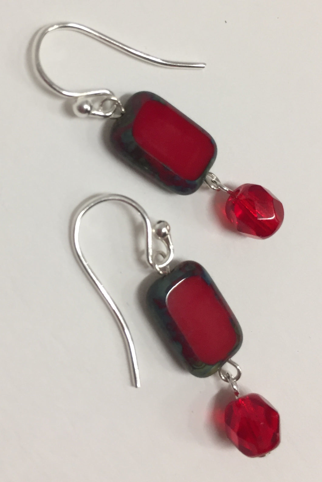 Red Cast Glass and Crystal, Dangle Earrings